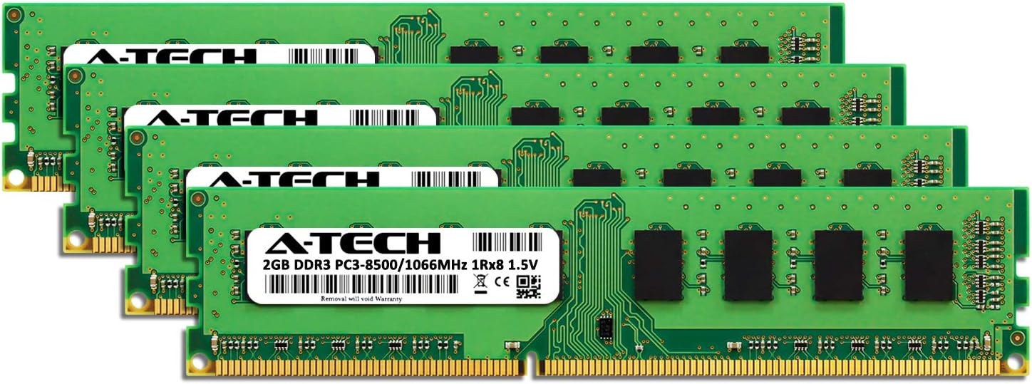 A-Tech 8GB DDR3 1066MHz Desktop Memory Kit (4 x 2GB) PC3-8500 Non-ECC Unbuffered DIMM 240-Pin 1Rx8 1.5V Single Rank Computer RAM Upgrade Sticks