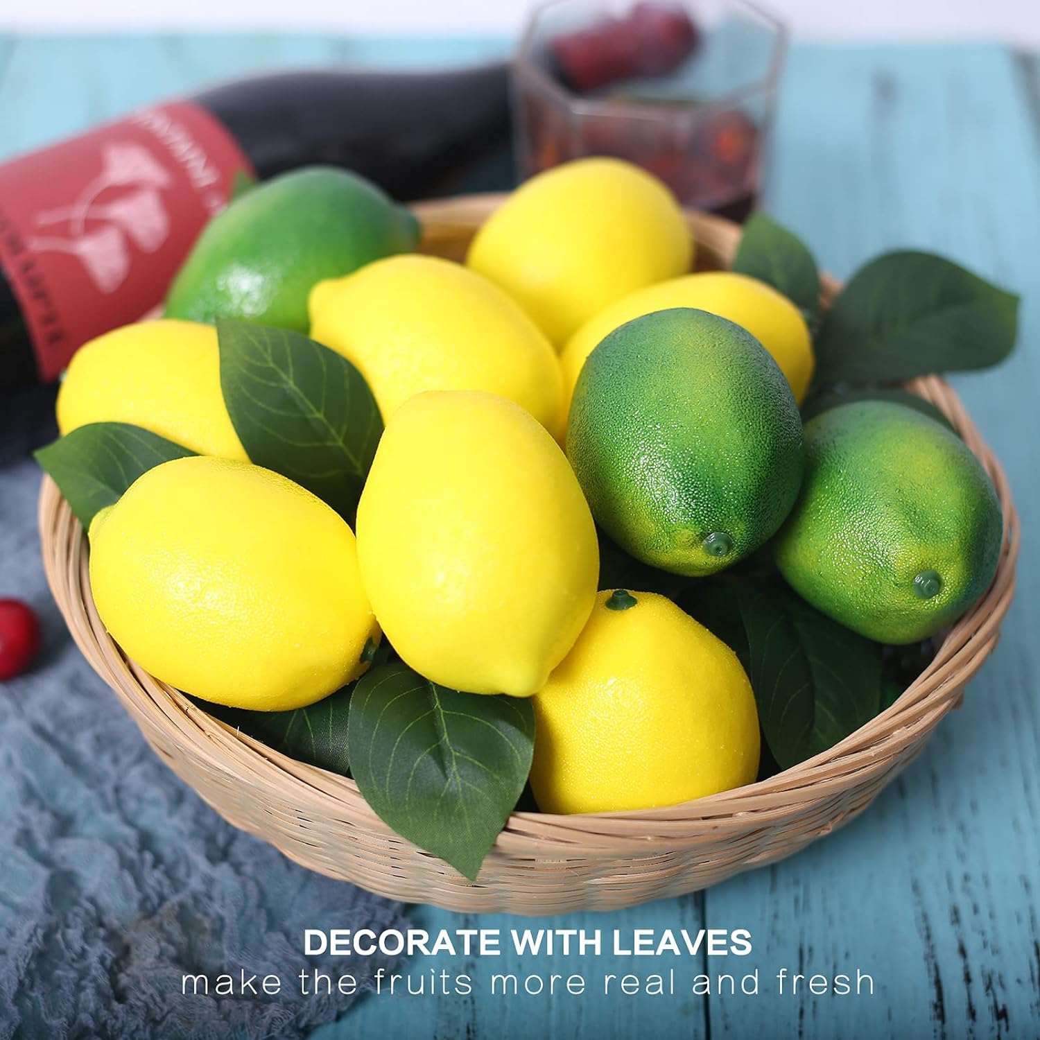 Fake Fruit Artificial Lemons 24 Pcs, Faux Lemon Leaves 12 Pcs Lifelike Fake Lemon Decor for Kitchen Table Cabinet Party Plastic Fruits Photography Prop - Image 5