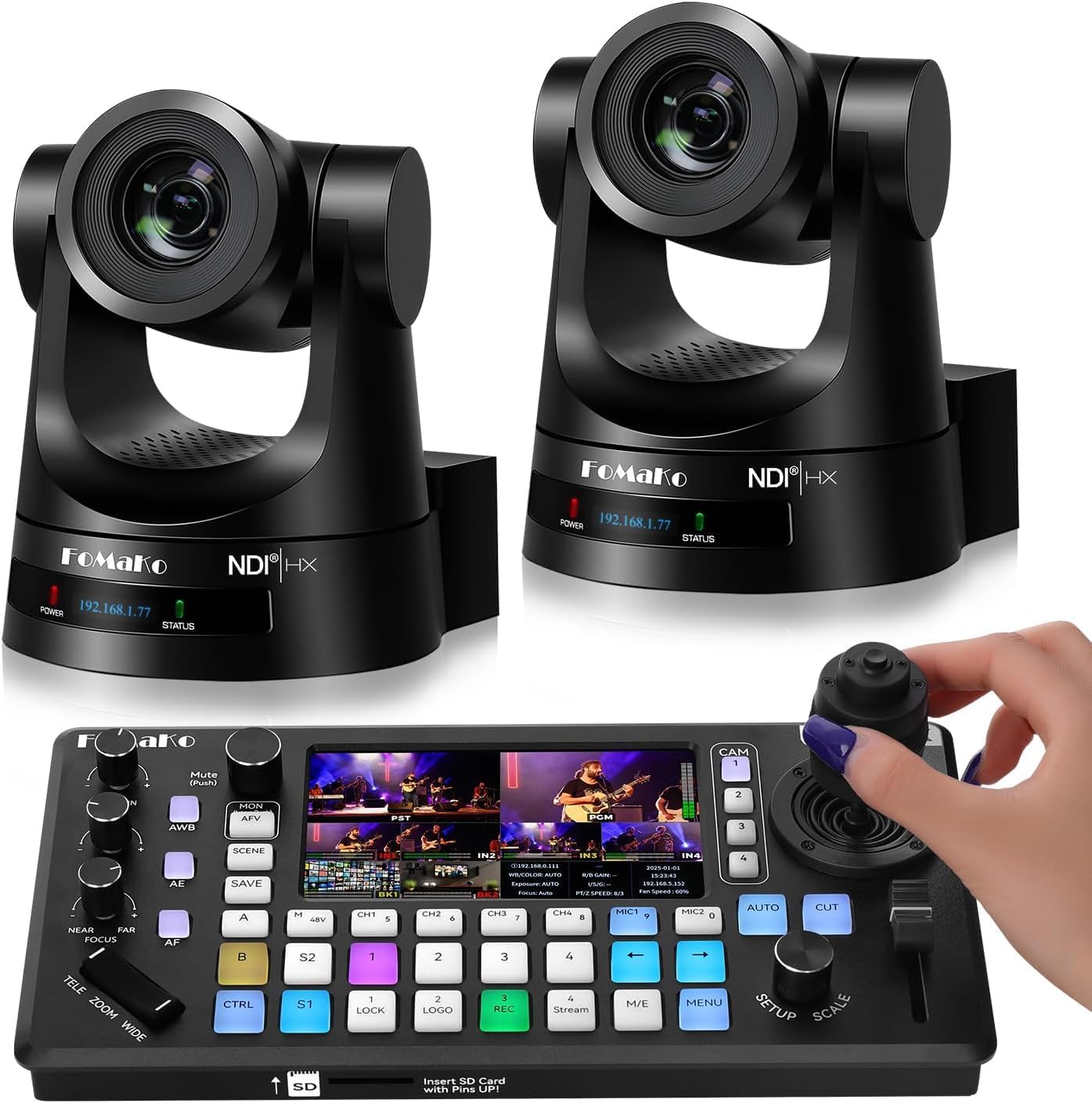 FoMaKo 4K 60fps NDI PTZ Camera, Supports NDI HX3 4K 60fps Output,KC800 2-in-One Video Switcher+PTZ Controller,for Large-Scale Events & Sports Live Streaming(K600NX2+KC800)
