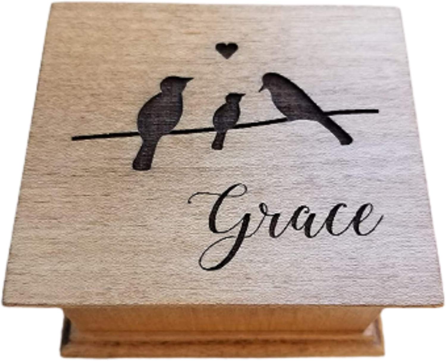 Custom music box with a bird family on the top along with your name with your customized message on the bottom side of the box, with your choice of color and song