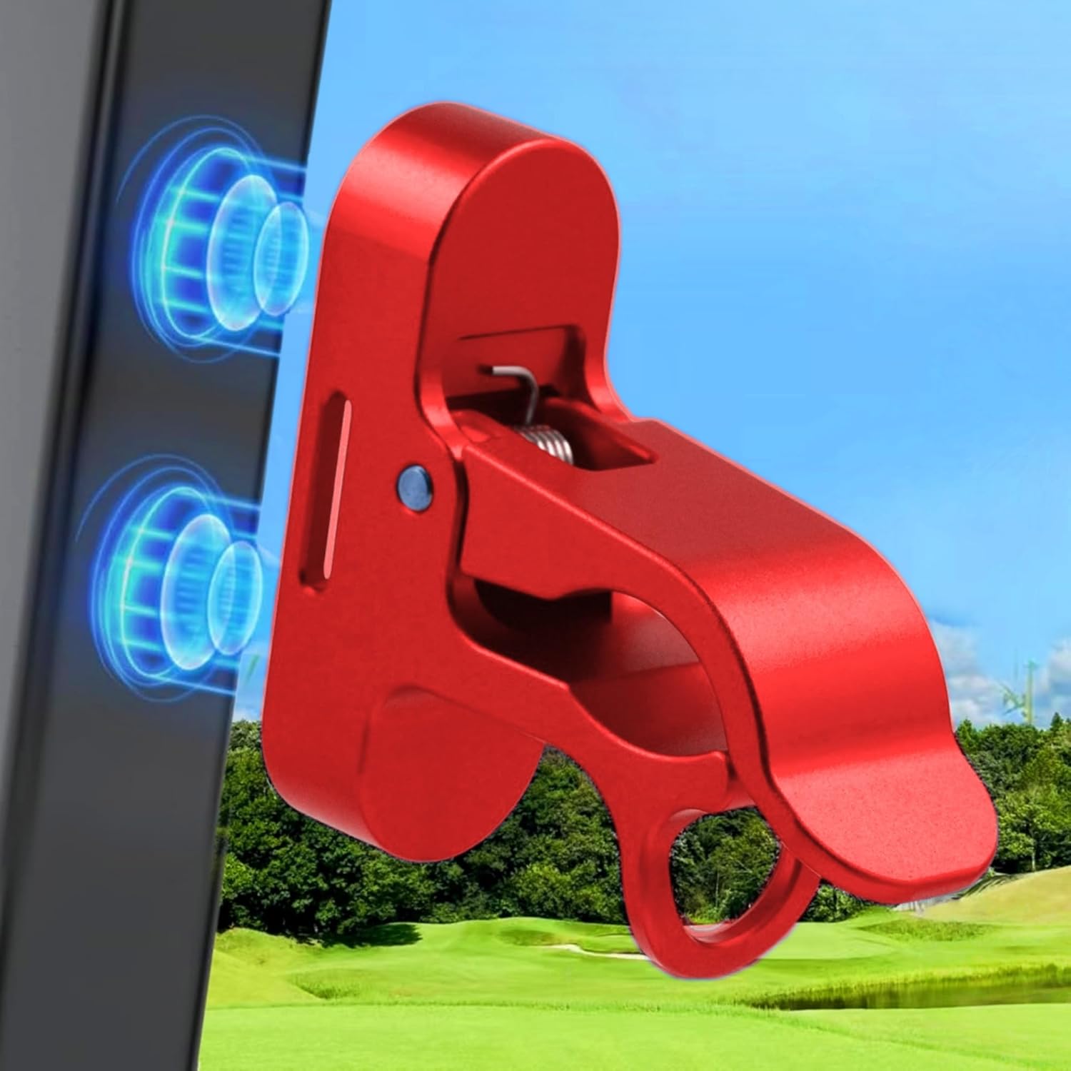 Magnetic Golf Holder Clip for Golf Cart with Hook Design, Aluminum Alloy Golf Cart Hold with Secure Grip & Hook & Loop Strap, Golf Cart Accessories, Ideal Golf Gifts for Men