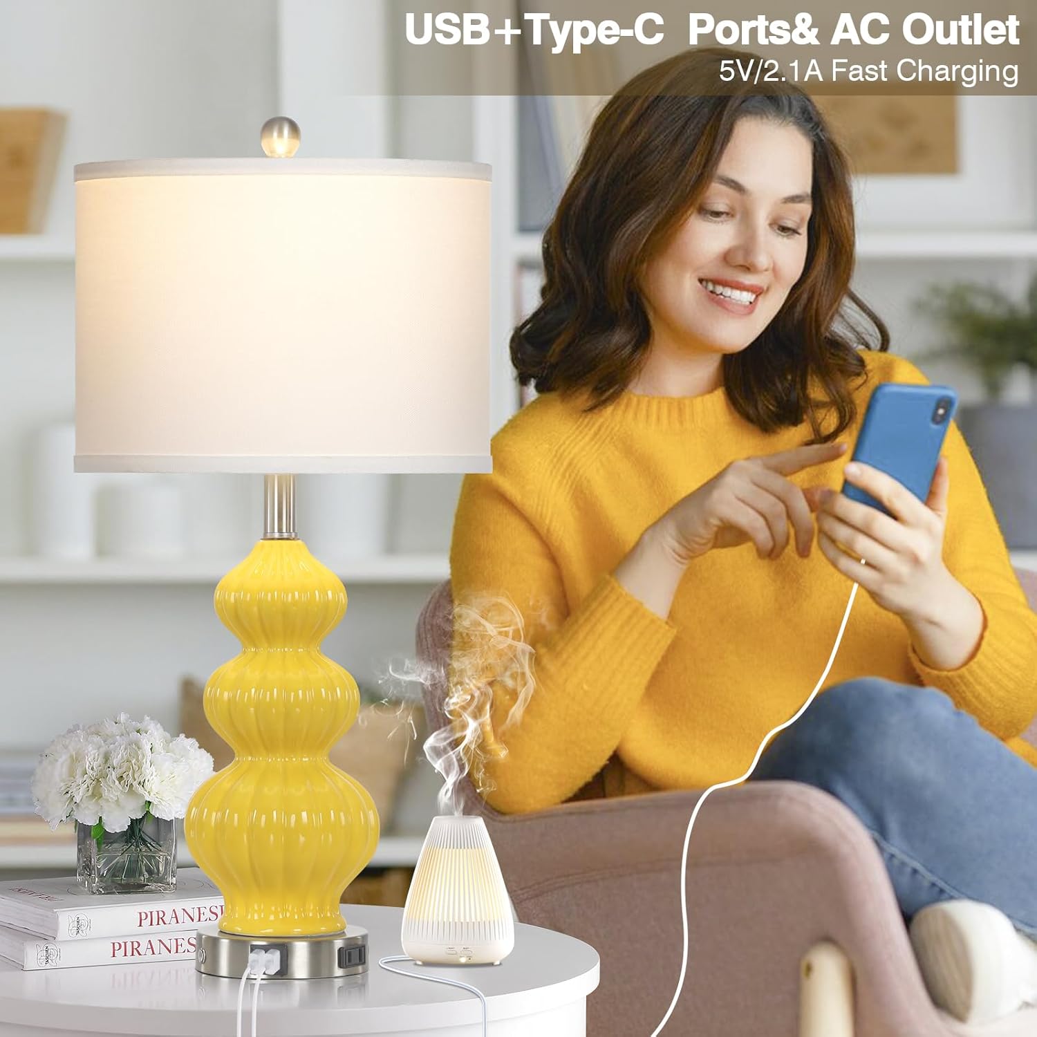Cinyirong 26" Set of 2 Yellow Ceramic Table Lamps with USB A+C Ports & AC Outlet, 3-Way Dimmable Gourd Bedside Nightstand Lamps with White Shade for Bedroom, Living Room, Office