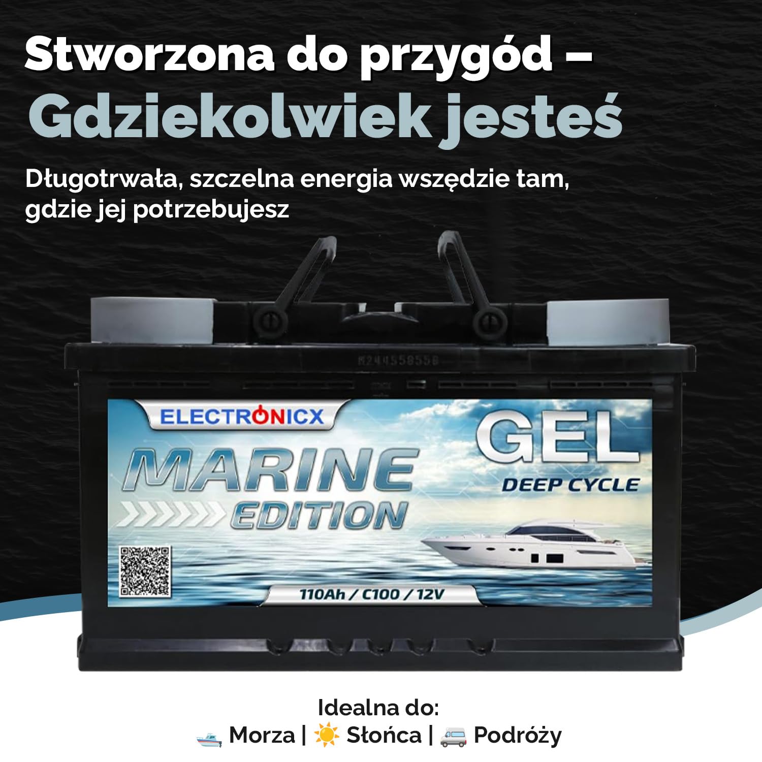 Electronicx GEL Akumulator Zasilający 12V 110Ah / 110 Ah Marine Edition – Technologia GEL, 315x175x190 mm, Biegun dodatni po prawej stronie, Deep Cycle – do łodzi, instalacji solarnych,vanów
