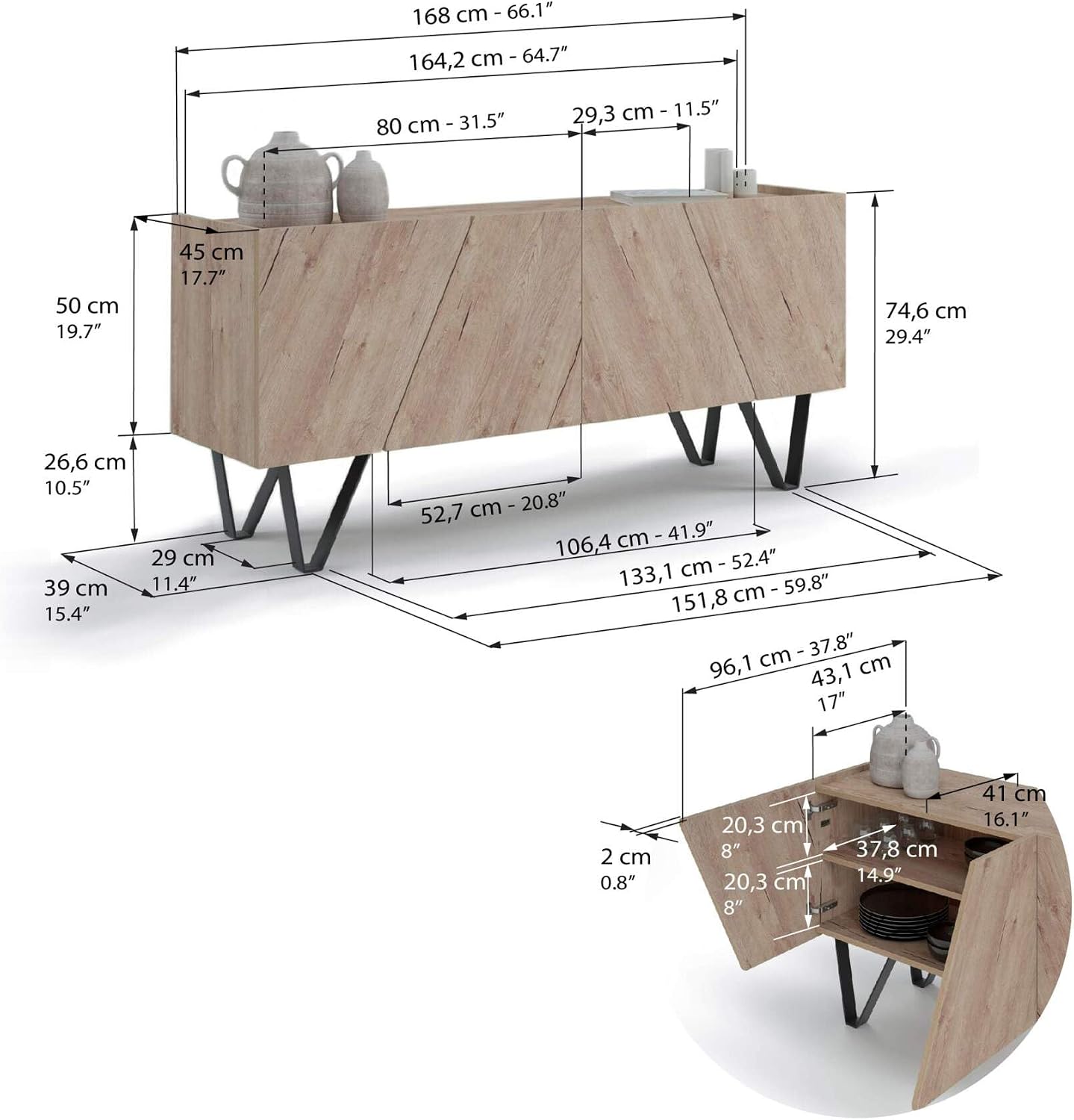Mobili Fiver, Emma 4-Door Sideboard with Black Legs, Oak, Made in Italy