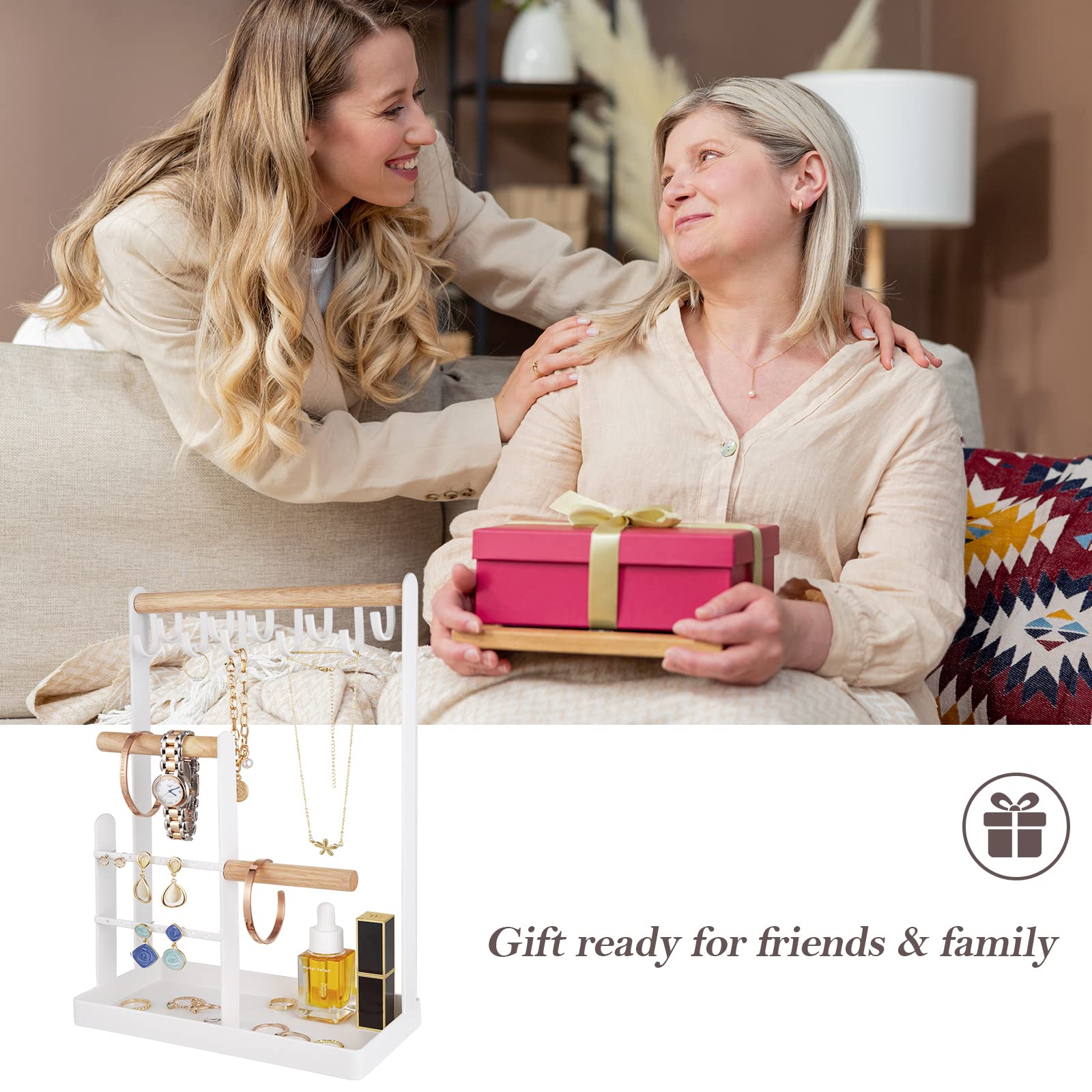 ProCase Jewelry Organizer Stand Necklace Holder, 4-Tier Jewelry Tower Rack with Earring Tray and Holes, 10 Hooks Necklaces Hanging Storage Tree Display for Bracelets Watches Earrings Rings -White