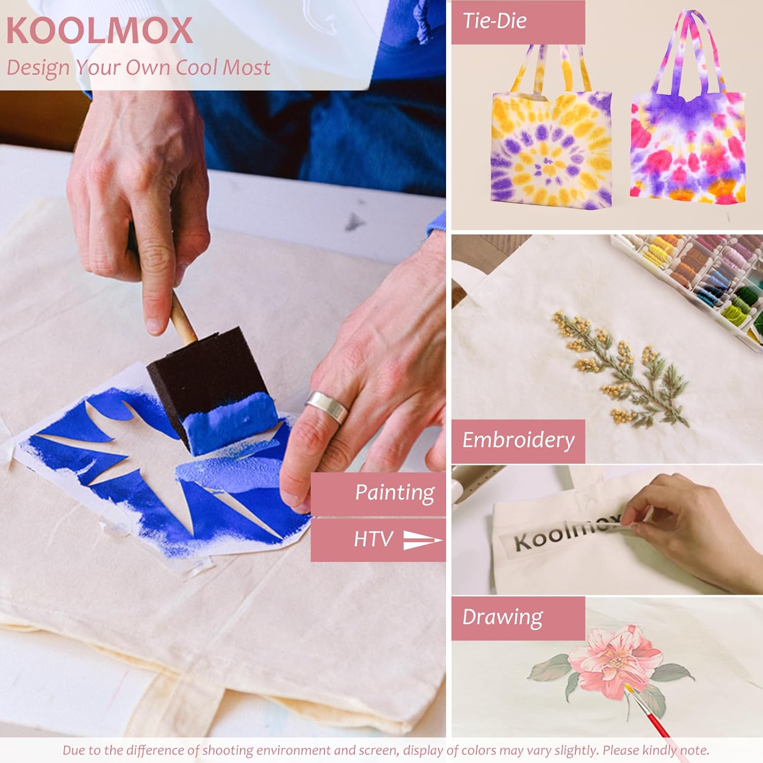 Koolmox Canvas Tote Bags with Zipper, 6-Pack 17x14'' Cotton Tote Bag with Flat Bottom, Reusable Washable Grocery Shopping Bags Plain Totes for Women DIY Art Crafts Painting Embroidery Decoration - Image 5