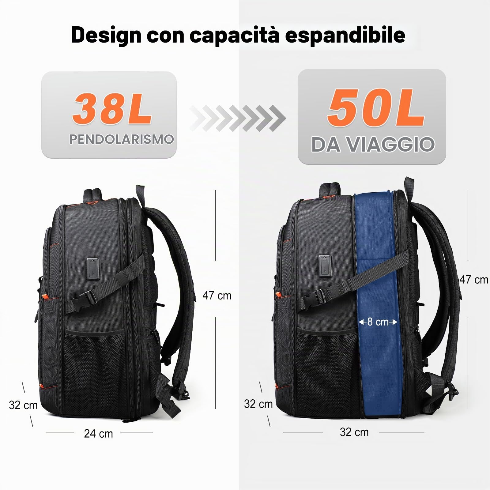Zaino Viaggio Espandibile 50L Uomo Donna, Zaino Porta PC 17,3 Pollici | Zaino Cabina Aereo con Porta USB, per Business, Università e Weekend, Nero