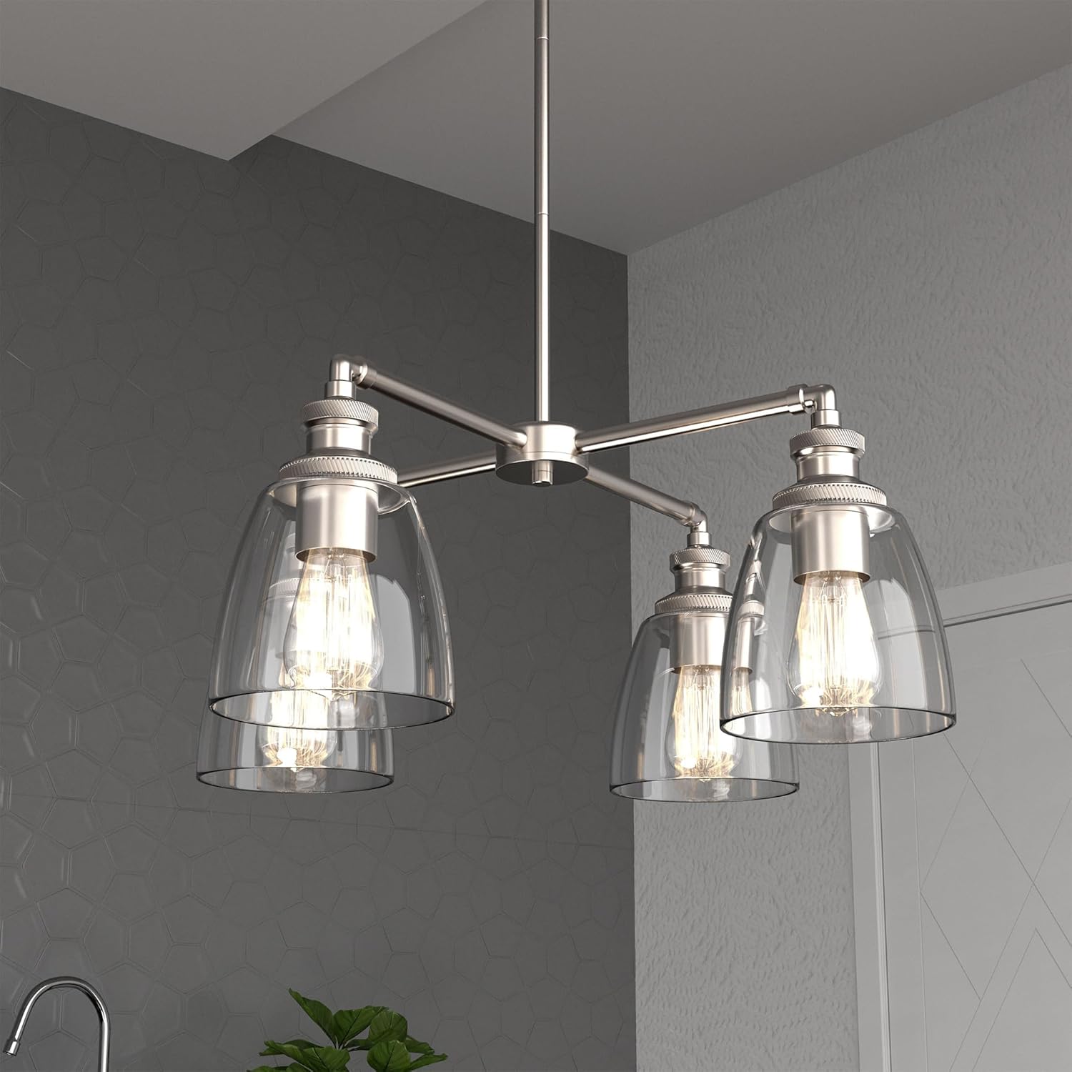 LEDMyplace 4 Lights Chandelier Lighting Fixtures, Clear Glass Shade, Brushed Nickel Finish, Decorative Hanging Pendant for Bedroom, Living Room, Hallway, Farmhouse, Bar, E26 Base (Bulb Not Included)