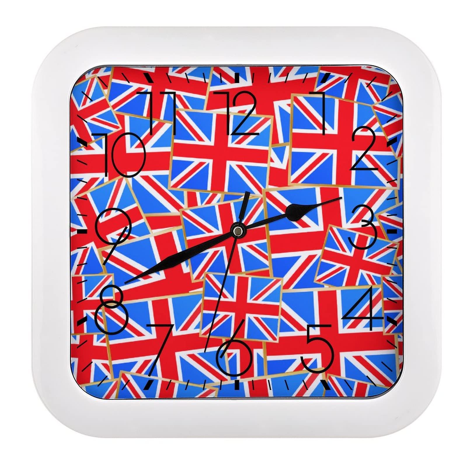 Horloge Union Jack à grands chiffres et format carré décoratif 26cm