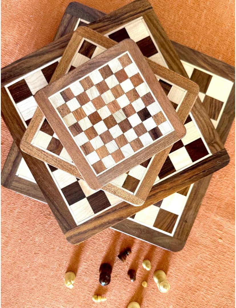 Wooden Chess and Checkers Board Game Set, Deluxe Wood Board with Storage Box, Classic (7 inch, Brown and Beige)