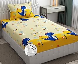 FRESH FROM LOOM Glace Cotton Wrinkle Free Soft Hypoallergenic Elastic Fitted Bed Sheet,Cartoon Printed,Bedsheet for Kids Room Boys Girls(Size,78x36 Inch(Fits up to 8 Inch),Dinosaur),300 TC,Multicolor