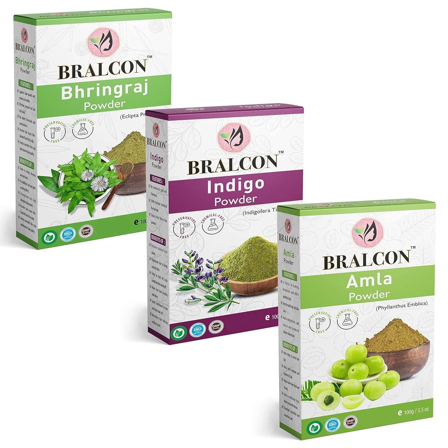Organic Bhringraj Amla Indigo Powder Combo -300g 100g x 3 Pack Bhringraj Po wder Indigo leaves Po wder