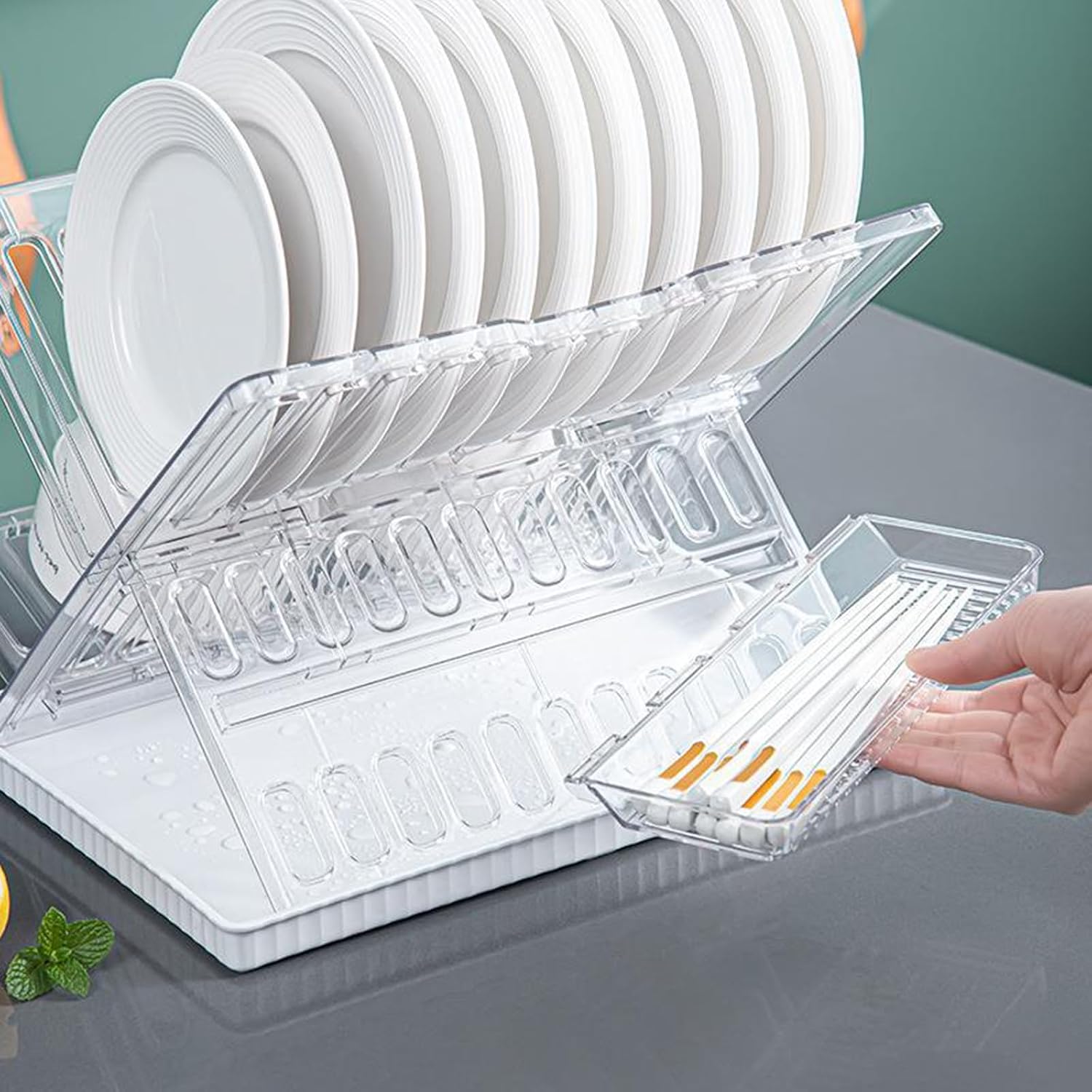 INTCHE Plastic Folding Dish Rack with Drip Tray, White Space Saving Kitchen Cutlery Drainer, Multipurpose Utensil Organizer Holder，for Countertop, Cabinet, Sink