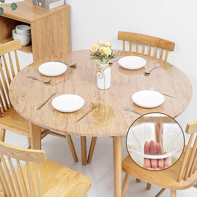 TWUTGAYW Round Tablecloth, Waterproof Tablecloth PVC Elastic Edged With Flannel Backing Table Cover, Plastic Wipe Clean Table Cloth for Outdoor Party Picnic 115cm-145cm(Clear)