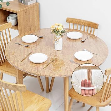 TWUTGAYW Round Tablecloth, Waterproof Tablecloth PVC Elastic Edged With Flannel Backing Table Cover, Plastic Wipe Clean Table Cloth for Outdoor Party Picnic 115cm-145cmClear