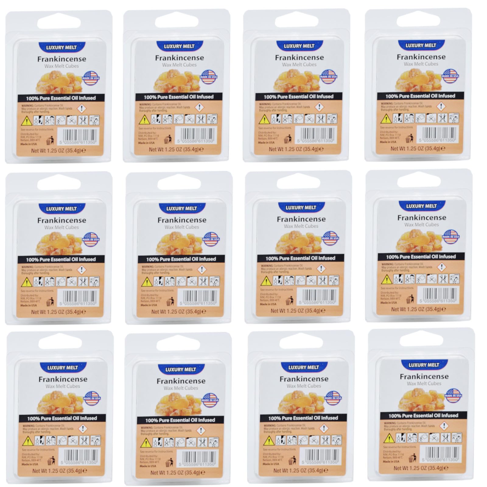 Pack of 12 Luxury Highly Scented 100% Pure Essential Oil Wax Melts/Tarts Frankincense Fragrance 72 Pcs Cubes.
