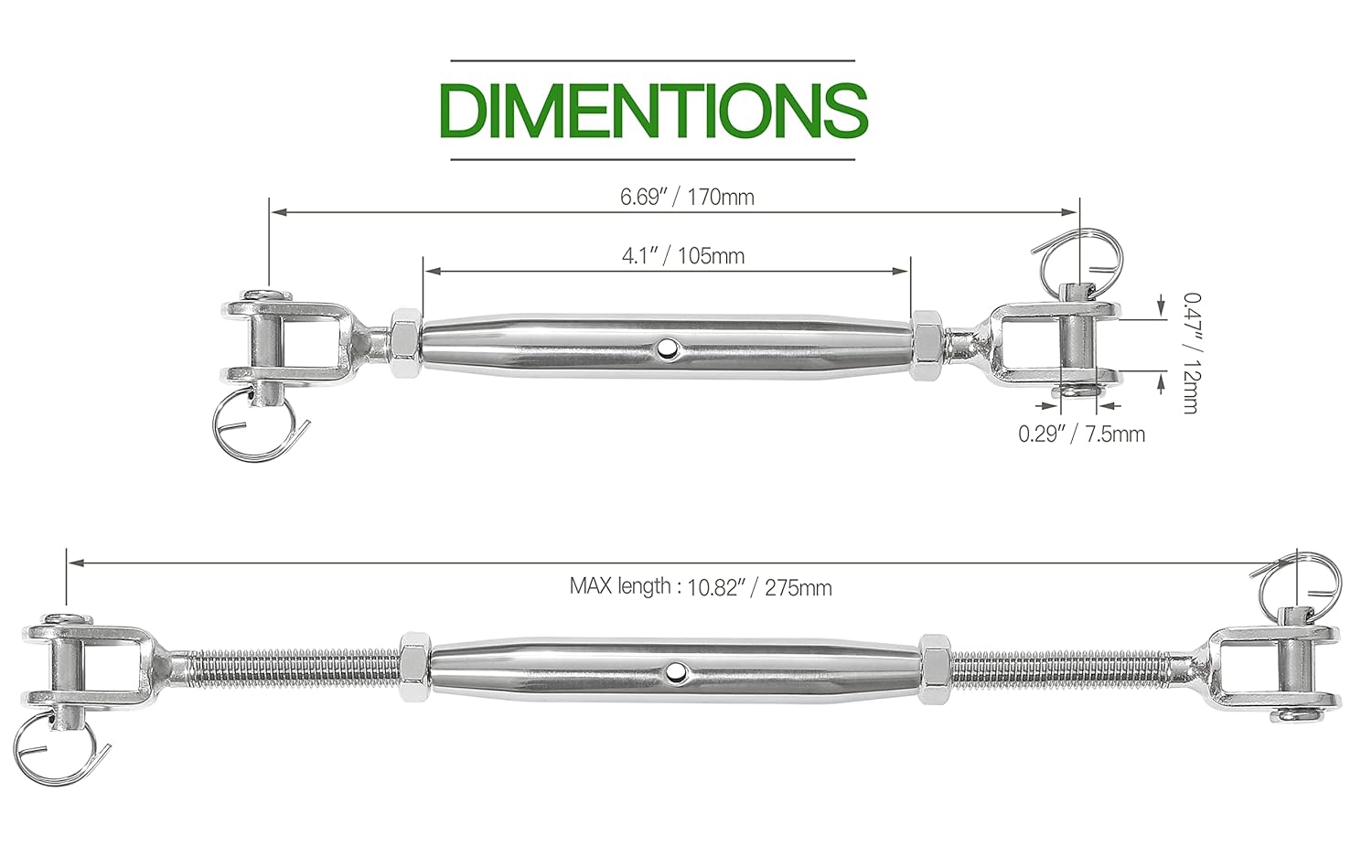 2PCS M8 Jaw and Jaw Turnbuckle, Stainless Steel Turnbuckle Heavy Duty Turn Buckle, 4400lbs Working Load Limit, Durable for Wire Rope Cable - Image 5