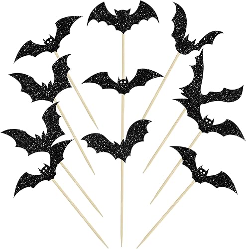 Miniatura 3 de 24 decoraciones de murciélago de Halloween para cupcakes con purpurina negra, decoración de palillos de Halloween para temática de Halloween, baby
