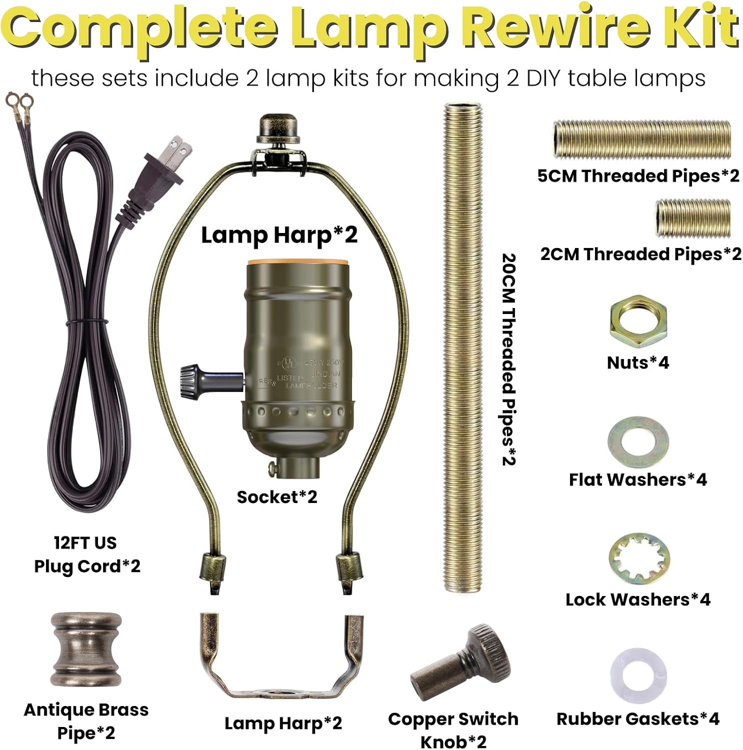 Lamp Rewire Kit with Harp,Lamp Repair Kit with E26 3 Way Socket,2P | Lamp Rewiring Kit, Make a Lamp Kit for Table Lamps, DIY Lamp Kits to Repair Old Table Lamps, Antique Brass
