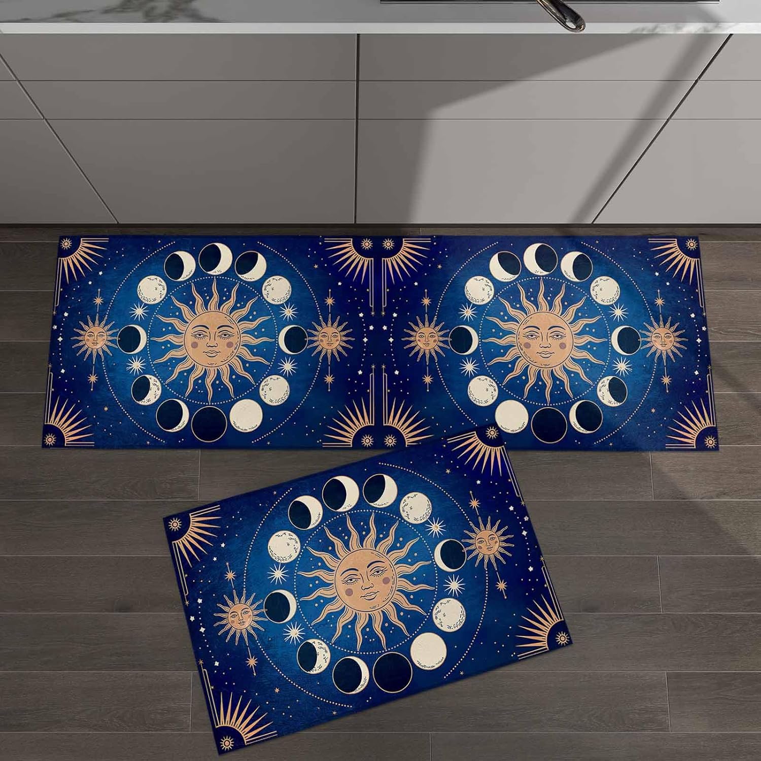 2 Pieces Kitchen Rugs and Mats,Boho Sun Moon Tarot Astrology Area Runner Rug Set Non Slip Floor Doormat Washable Carpet Standing Mat for Kitchen Sink Indoor Corridor,Abstract Blue Starry Sky