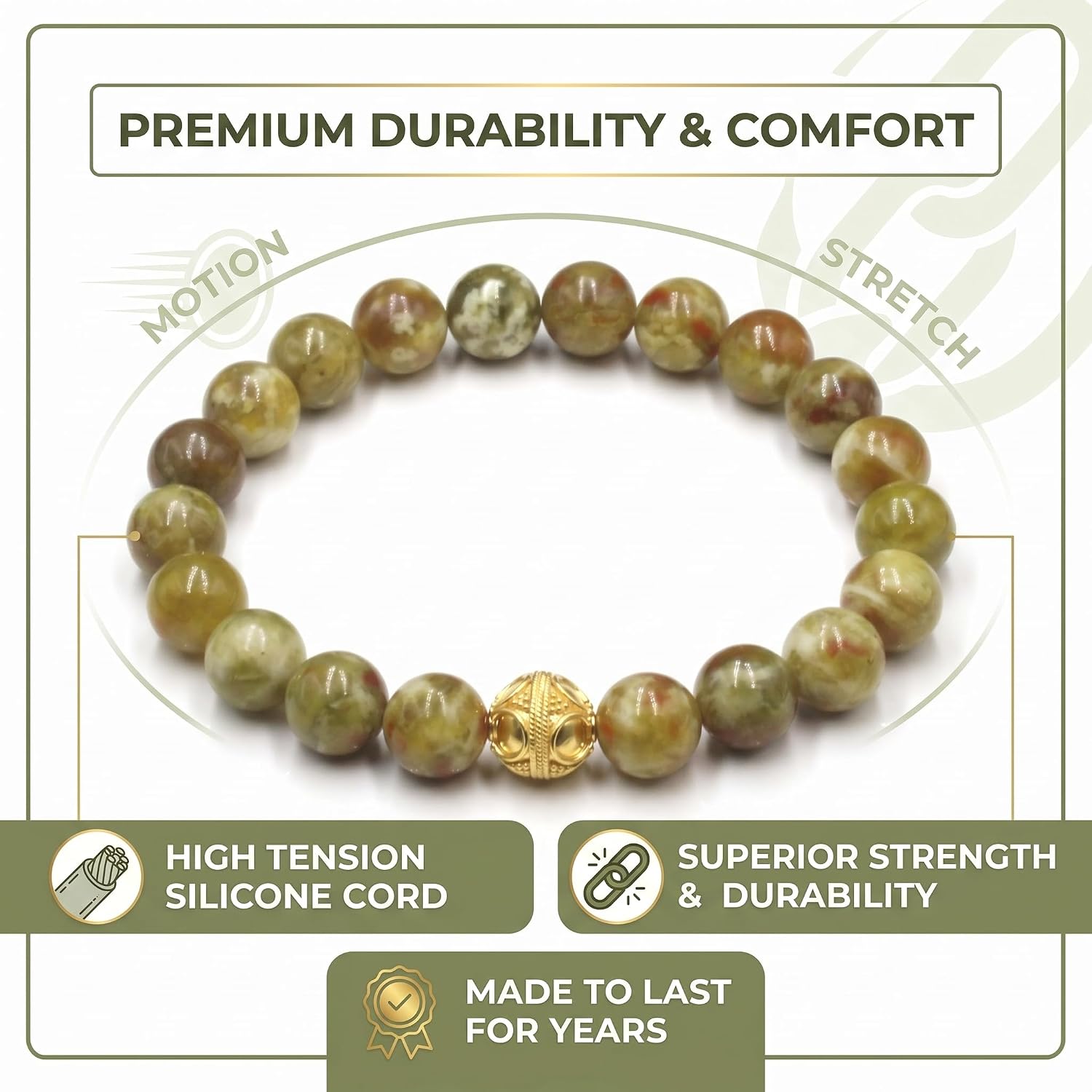 Kartini Studio Rainforest Jasper Bracelet, Jasper and Gold Bead Bracelet, Bead Jewelry for Man