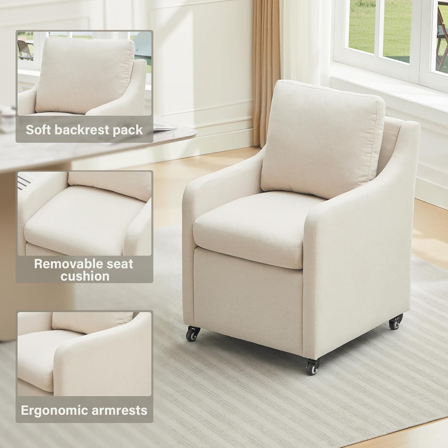 Rolled Dining Chair with Casters, Upholstered Modern Rolling Armchair with Wheels for Kitchen (1, Fabric Beige)