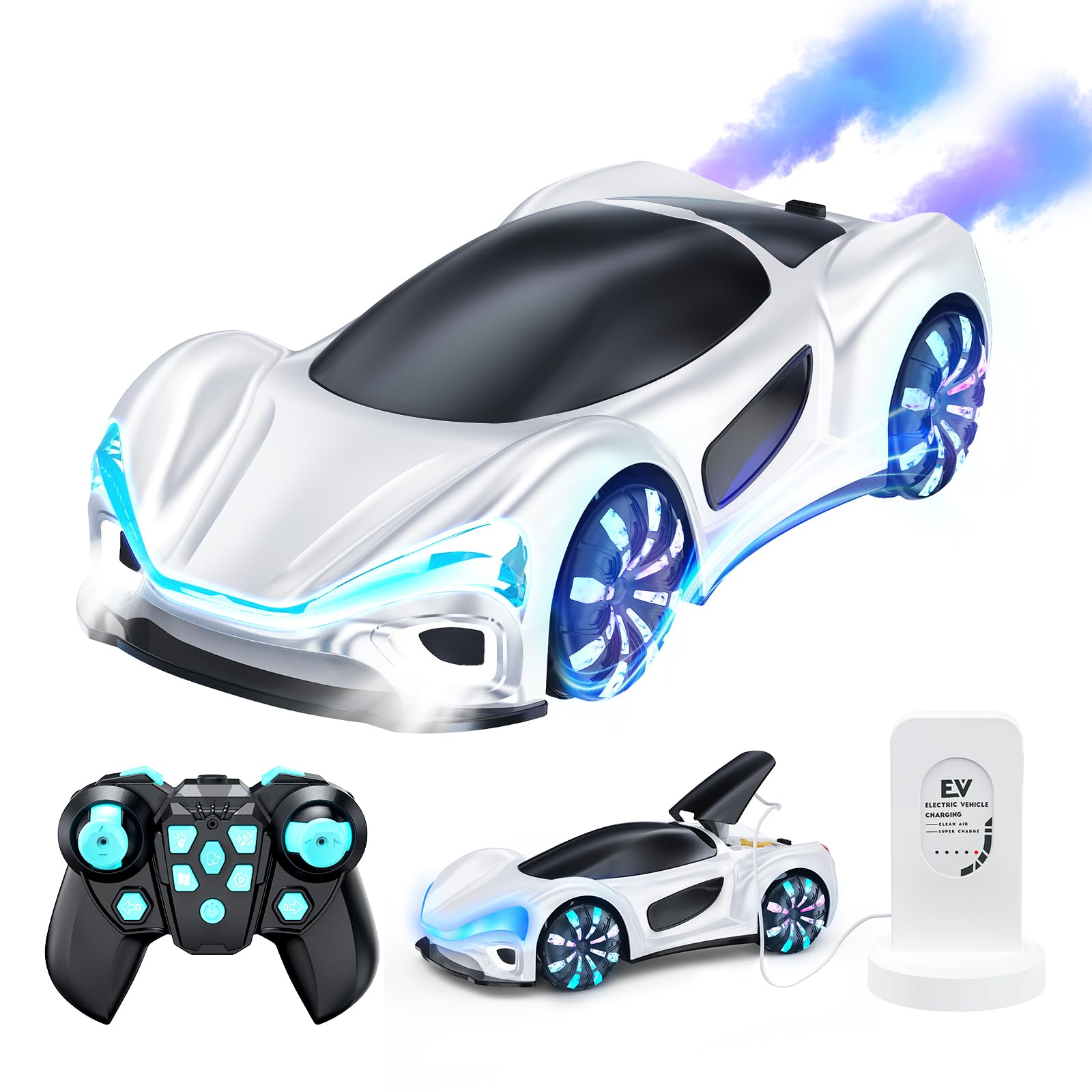 Remote Control Car,RC Drift Car Boys Toys for 4 5 6 7 8 9 10 11 12 Year Old 2.4GHz 360° Rotate RC Cars with Cool Lights, Music & Spray Effects Cool Birthday Presents Gifts for Kids 4-12