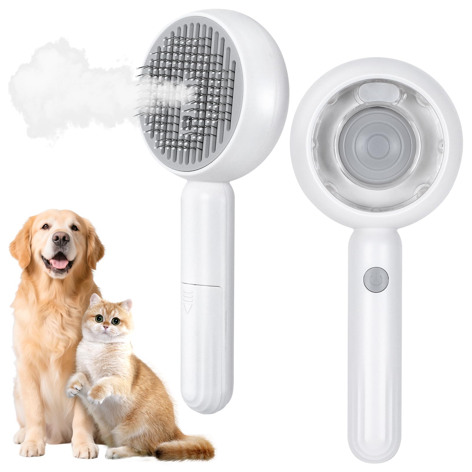 Qoosea Cepillo de Vapor para Gatos Perros 4 en 1 Steamy Cat Brush Multifuncional Cepillo Quitapelos Autolimpiable para Masaje, Cepillar Vapor para Gato Perro de Pelo Corto y Largo, Blanco
