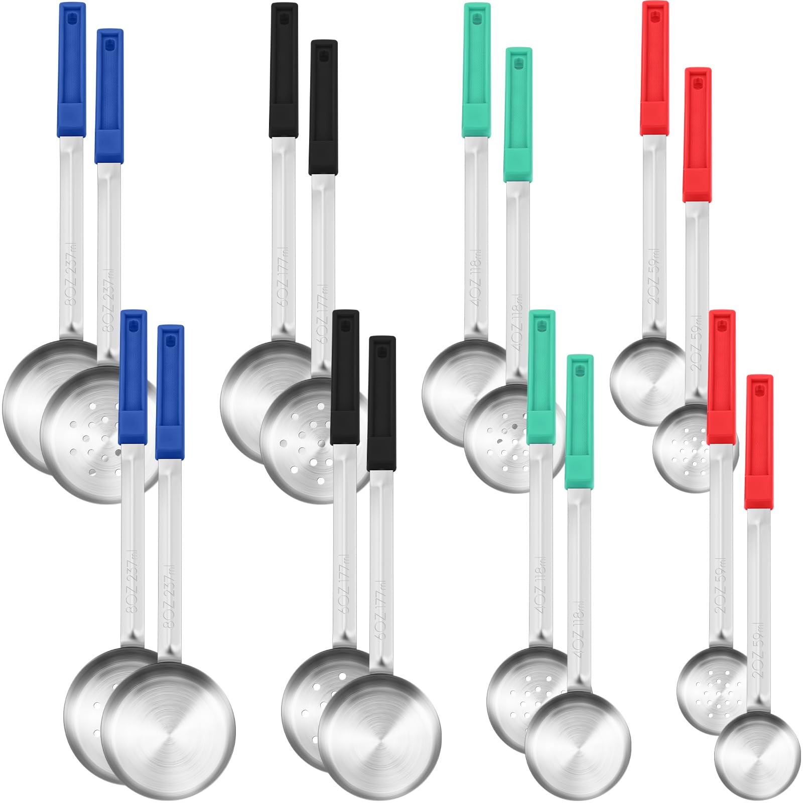 Teenyyou 16 Pcs Portion Control Serving Spoons, Restaurant Measuring Serving Ladle Utensils, Portion Control Slotted Scoops for Weight Loss, Solid and Perforated Scoops(4 Colors,4 Sizes)