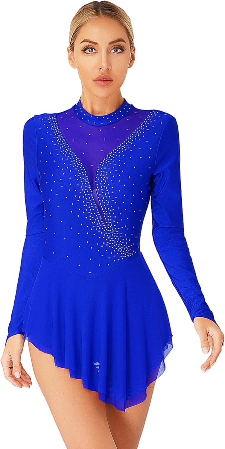 ranrann Women's Glittery Rhinestones Figure Ice Skating Dress Irregular Hem Lyrical Ballet Dance Leotard Dance Dress