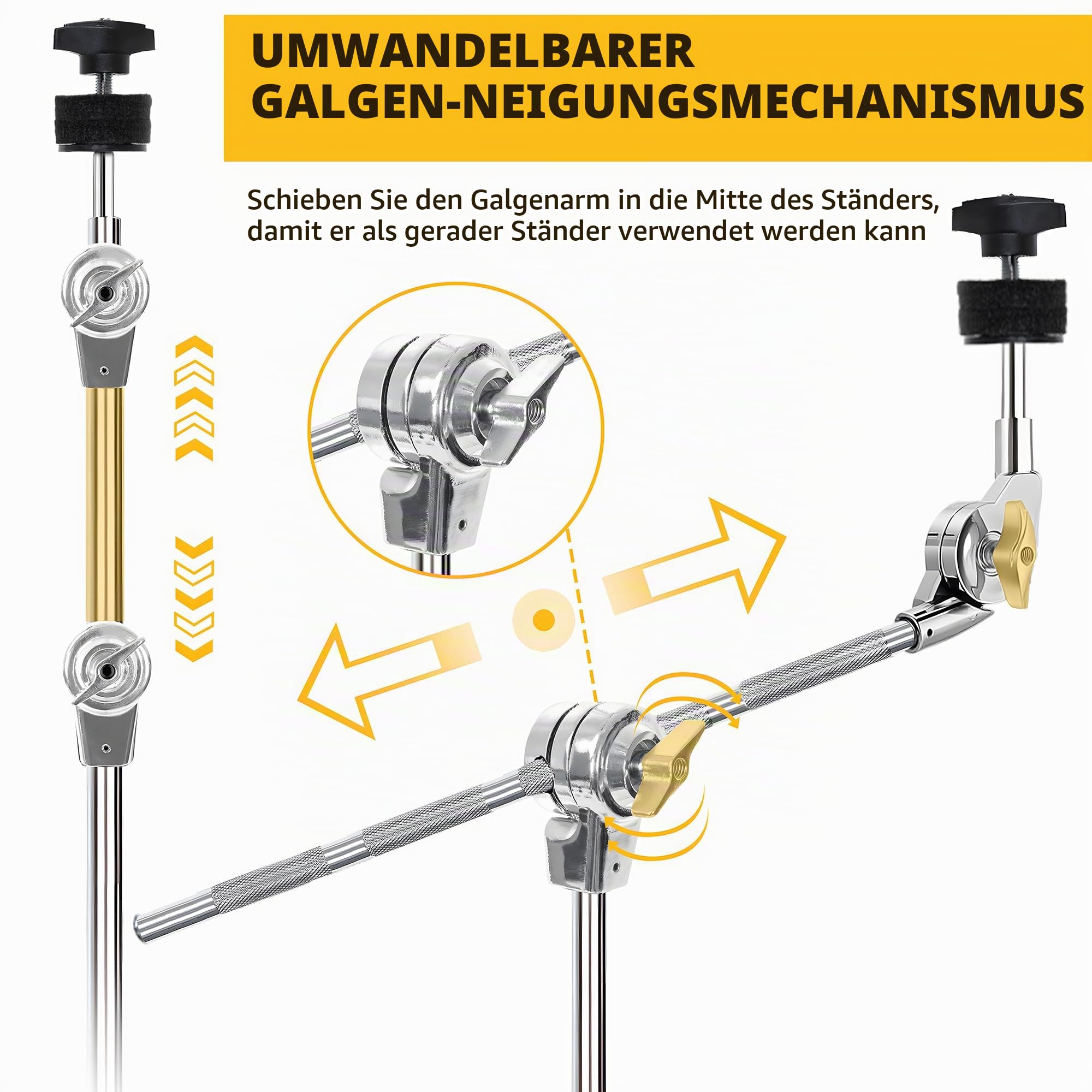 AKOZLIN Beckenständer mit Galgen, 84-115 cm Höhenverstellbar | Doppelt Verstrebtes Stativ, Chrom, Boom Cymbal Ständer