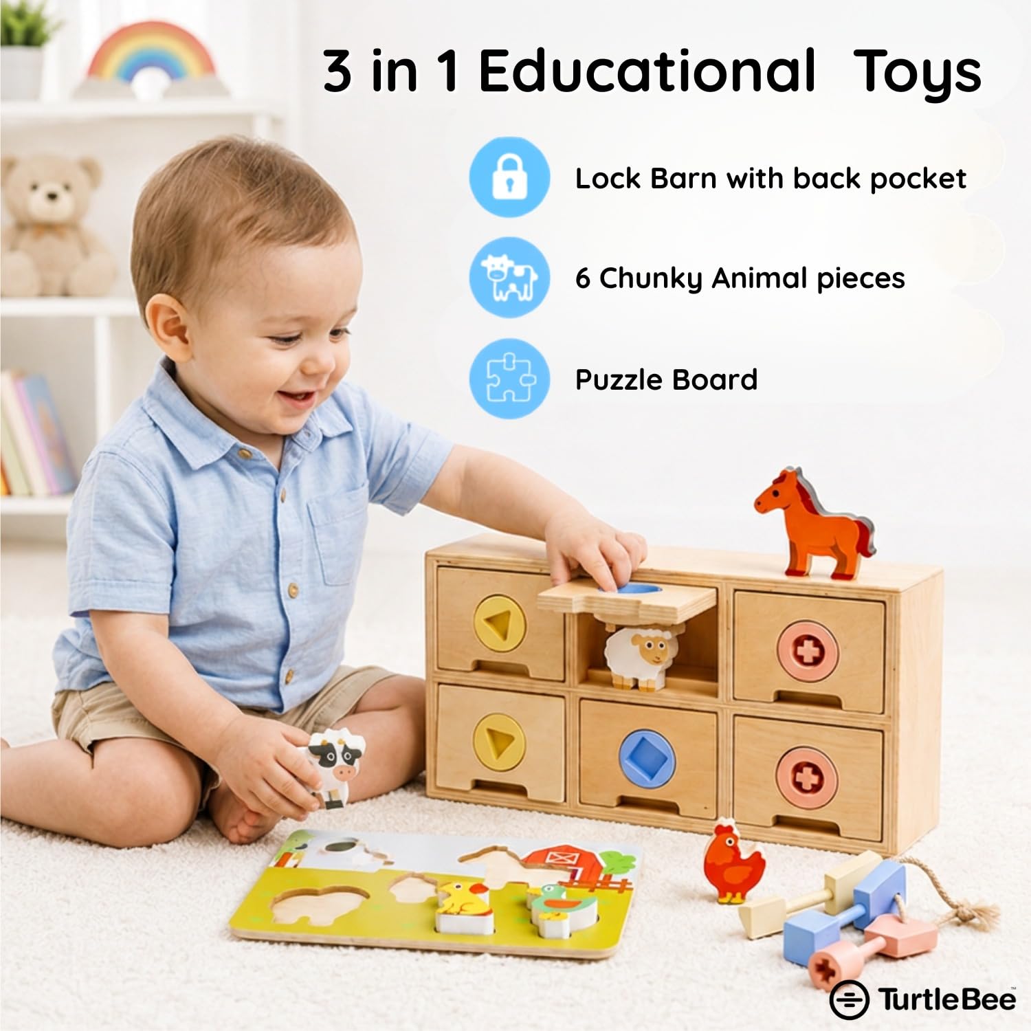 TurtleBee Montessori Juguetes para niños de 2 años que están en el granero, juguete de cerradura y llave de madera, centro de actividades 5 en 1 con rompecabezas grueso de granja (10 piezas), juguete