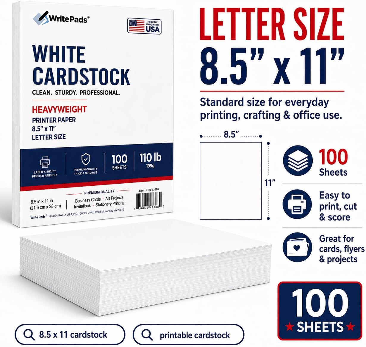 Kaisa White Cardstock 8.5 x 11”, 110LB/199GSM Heavyweight Card Stock, 100 Sheets, Thick Cardstock Printer Paper for Copy, Printing, Art Projects, Invitations, Made In USA (100, White-100)