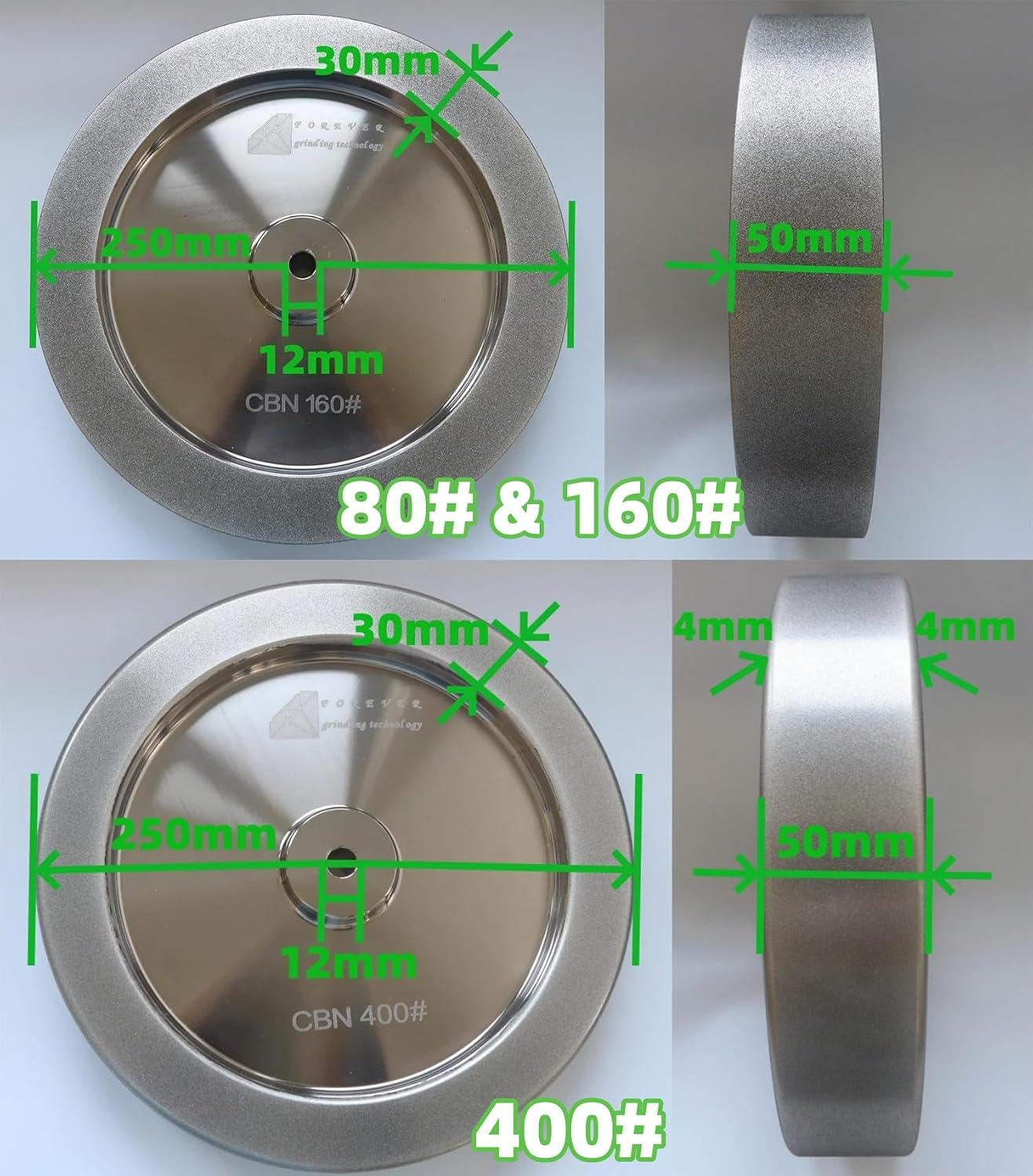 CBN Grinding Wheel 10 inch for Tormek T7 T8 Knife Sharpening Wheels 10" Dia 250mm x Thickness 50mm x Arbor 12mm(Grit 400#,Round Corner)