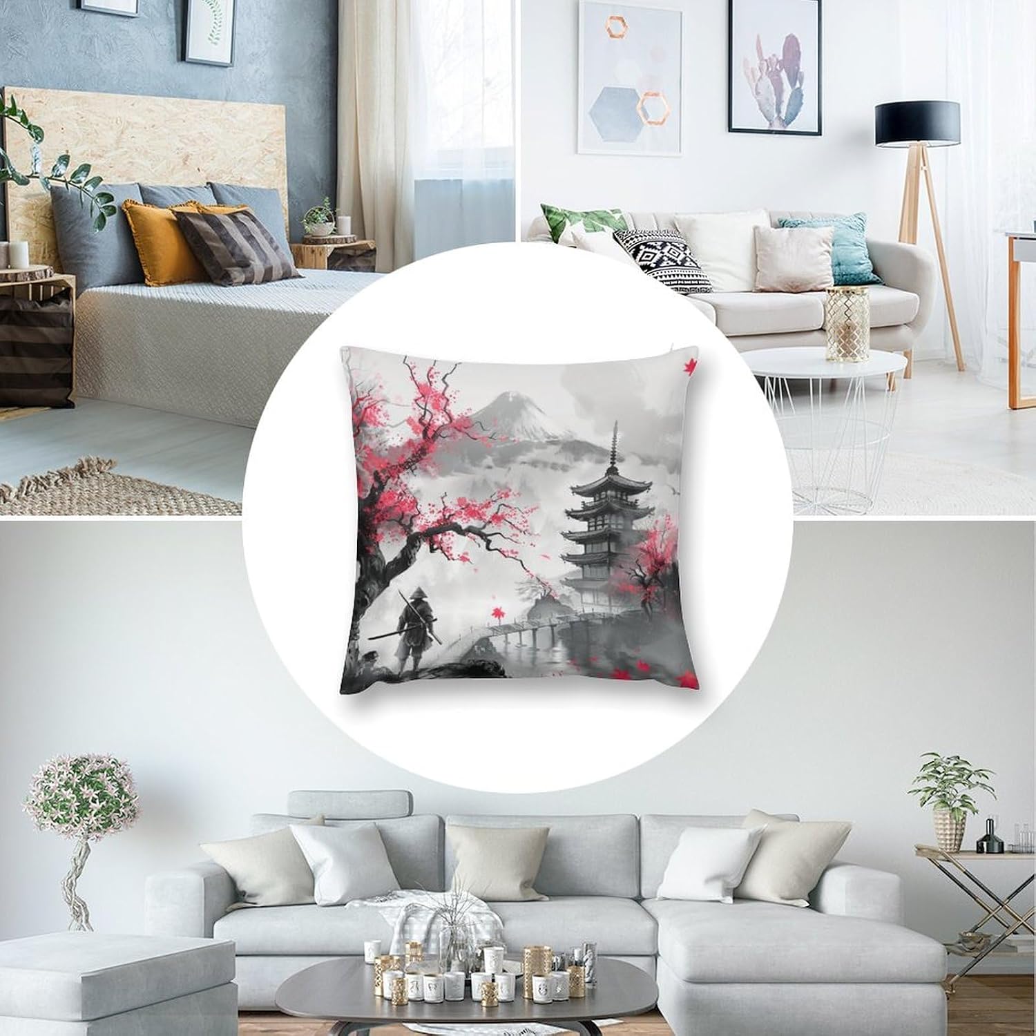 Japanese Samurai Watercolor Throw Pillow Covers Asian Anime Pink Cherry Mountain Art Printed Aesthetic Pillowcovers for Living Room Bedroom Game Room Black White Red Sofa Couch Bed Set of 2 18 "x18 " image 5
