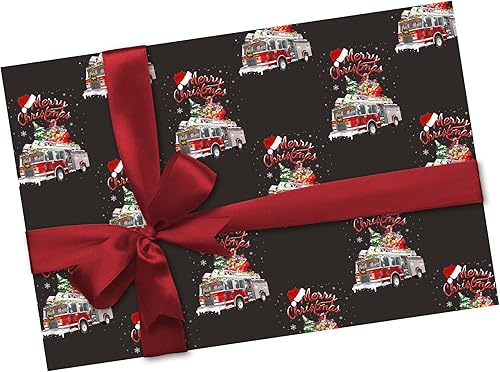 Miniatura 3 de Feliz Navidad camión de bomberos papel de regalo grueso de lujo, papel de regalo de vacaciones de extinción de incendios, bomberos para fiesta de