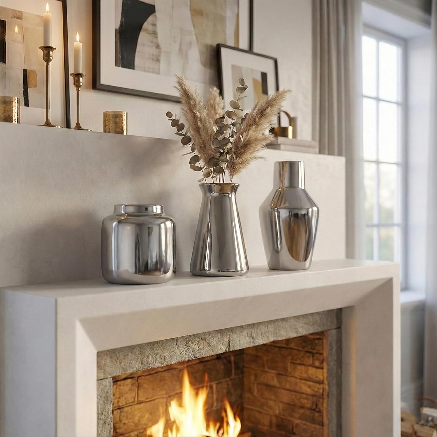 3 Piece Wide Mouth Vase Set for Table Centerpiece, Ceramic Silver Flower Vase for Pampas Grass Decor, Glossy Silver Unique Vases for Bathroom Fireplace Top Shelf Entryway Decorative