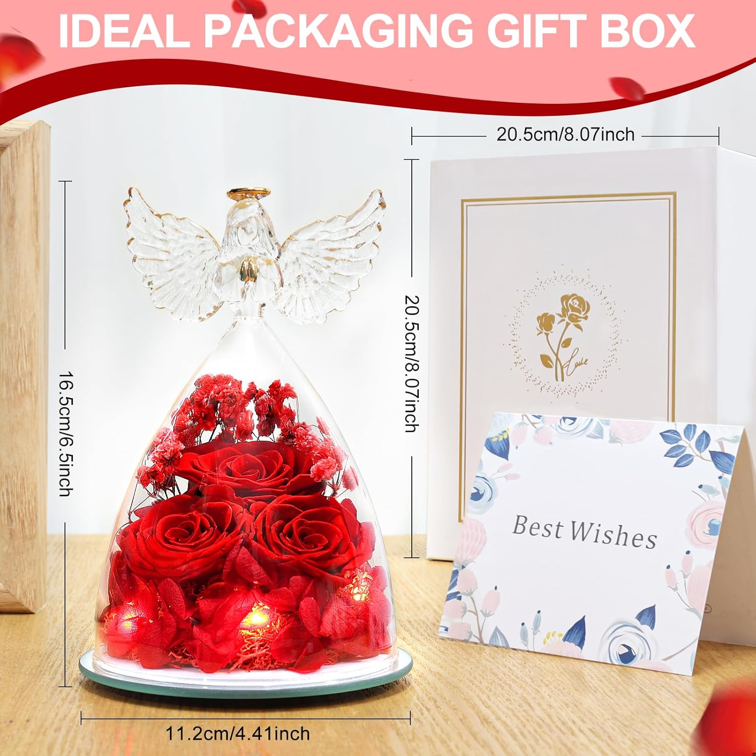 FIACO Valentines Day Gifts for Her Women, Preserved Flowers Forever Eternal Fresh Rose in Glass Angel Figurines Flowers for Delivery Red Roses for Grandma Mom Sister Wife Girlfriend Mother Birthday - Image 7