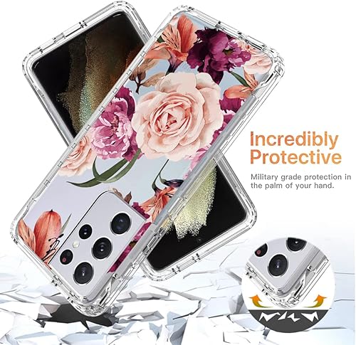 Miniatura 7 de Funda para Galaxy S21 Ultra, SM-G998U con protector de pantalla de vidrio templado, diseño floral a prueba de golpes, funda protectora de cuerpo