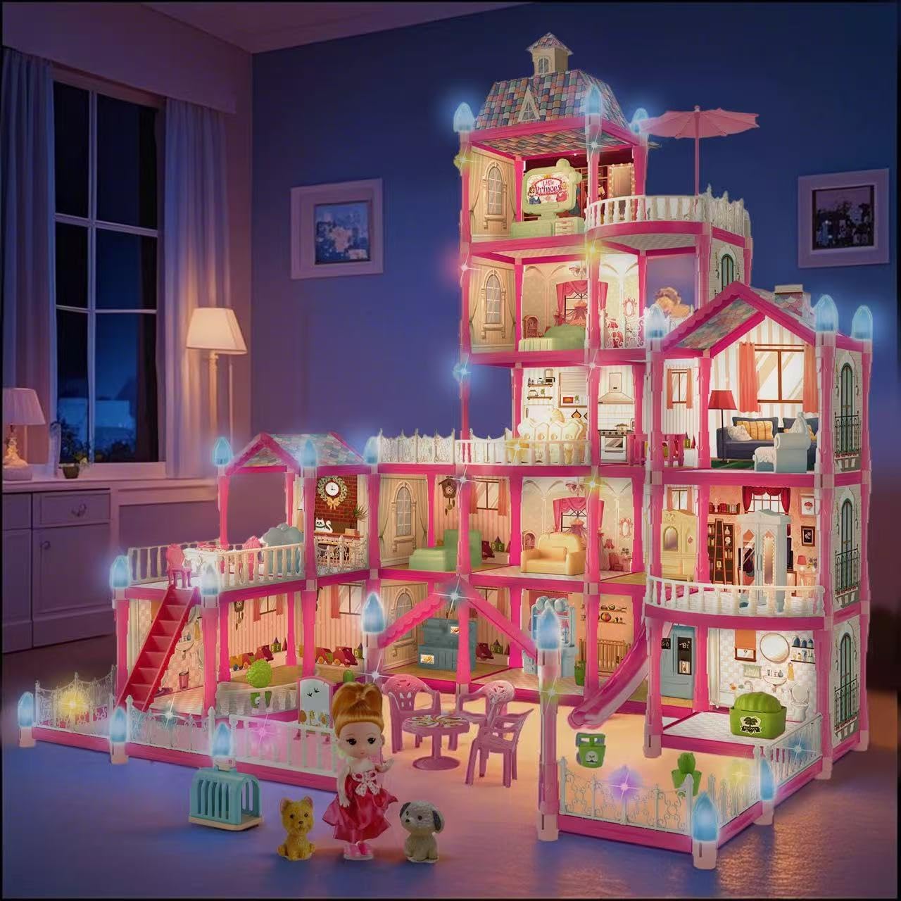 Villa Toys for Girls, 5 Stories 16 Rooms Villa Playset with Dolls, Lights, Furniture, Slide Accessories, DIY Pretend Toddlers House kit for 3 4 5 6 7 8 9 10 Year Old Kids (Pink)