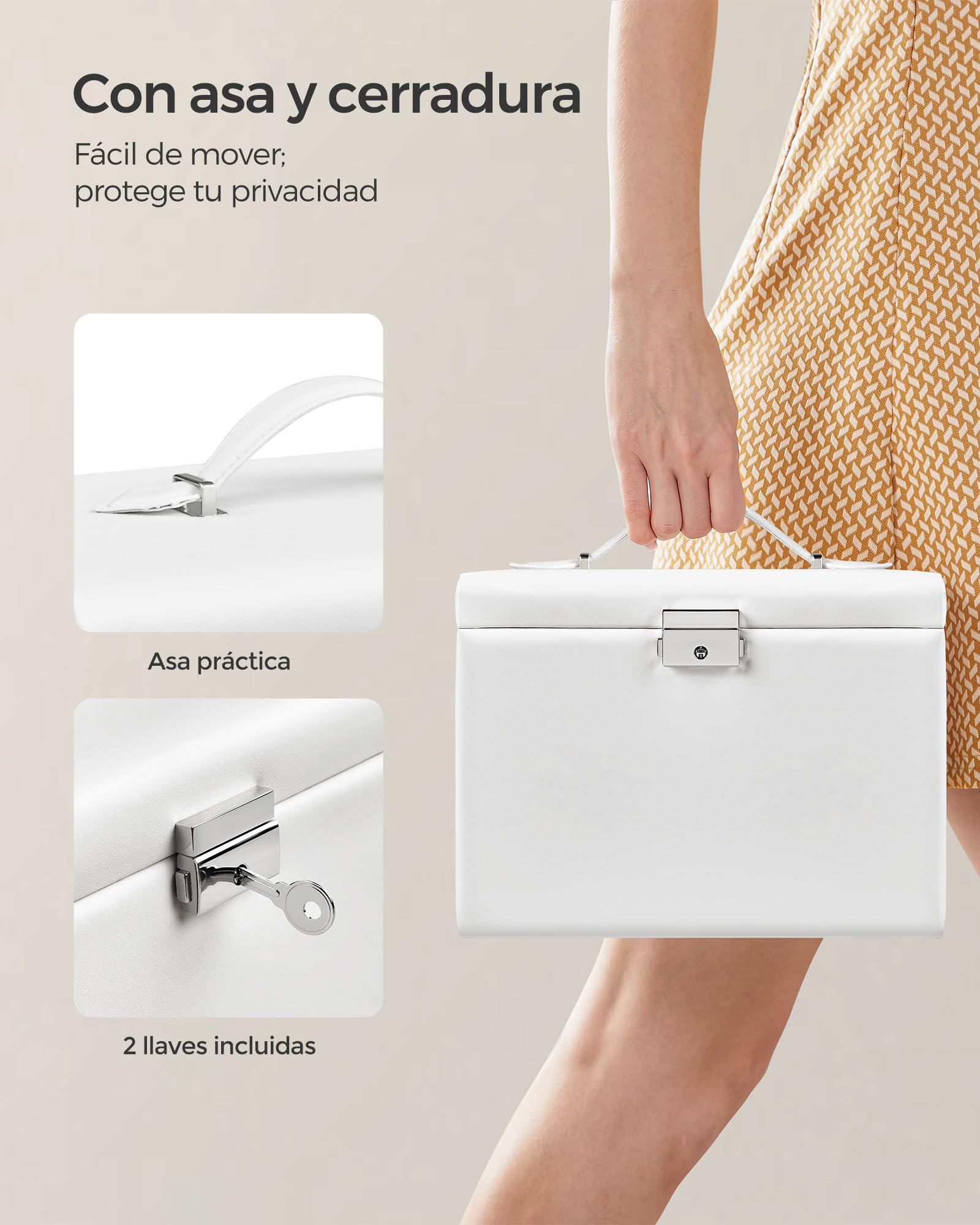 SONGMICS Caja Joyero de 4 Niveles con Asa, 3 Cajones, Espejo, Cerradura, Blanco Nube y Beige Arena JBC159W01