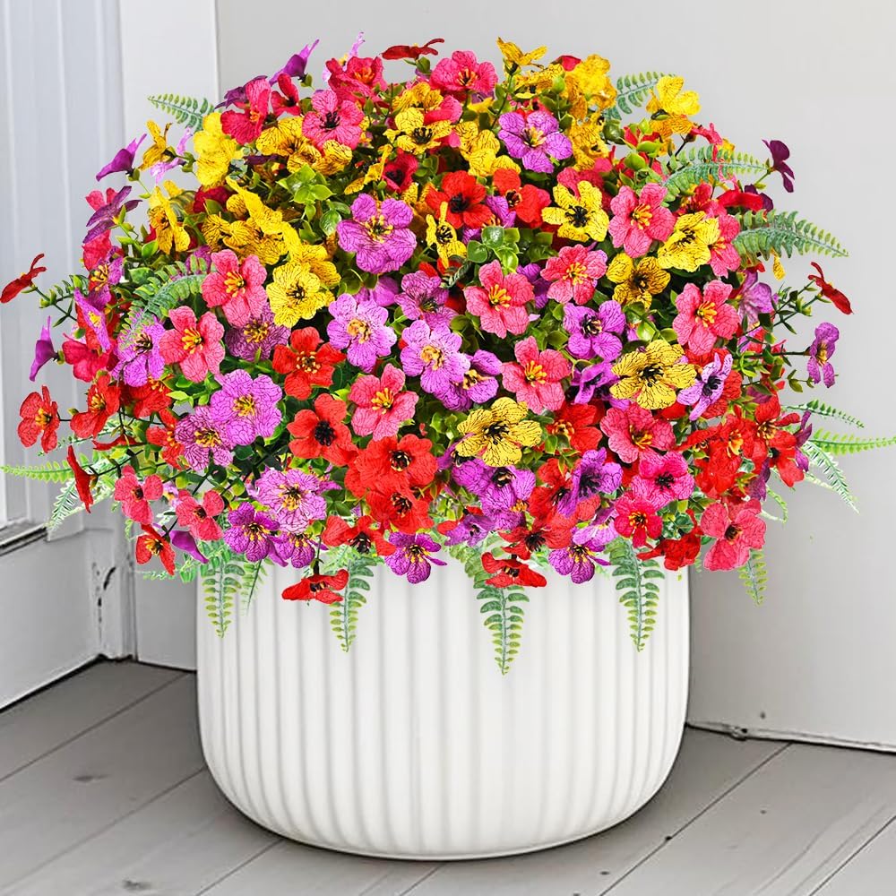 Artificial Faux Plants Flowers Outdoor Decoration,16 Bundles Fake Silk Colorful Daisy Eucalyptus Realistic UV Resistant for Outside Home Planter Porch Patio Yard Decor (Mix Purple Pink Yellow Red) - Image 6