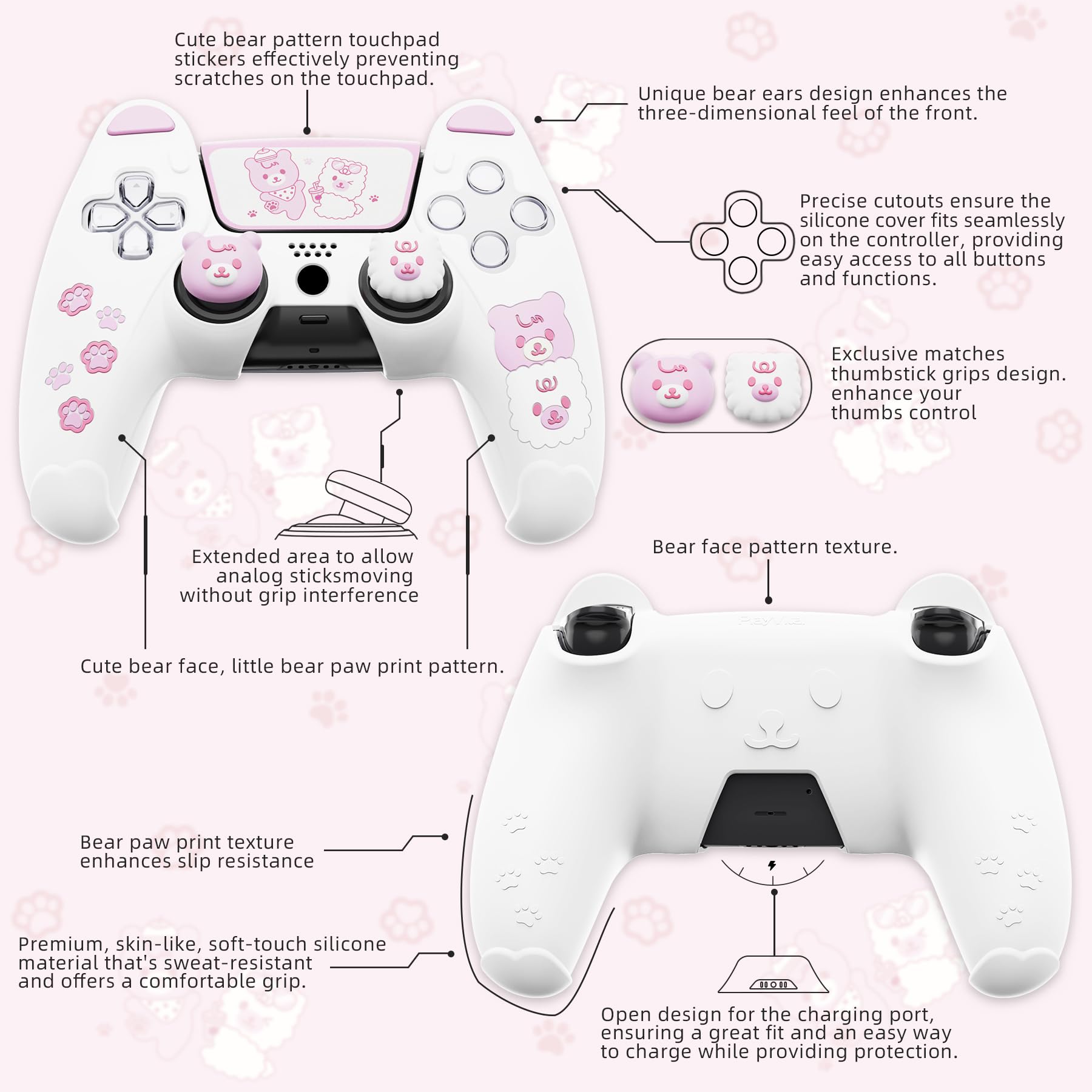 PlayVital Cover Controller per ps5 Joystick,Custodia Protettiva Silicone Skin Antiscivolo&Copri Levette Analogiche&Adesivo Touchpad,Orso Carino,Bianco&Rosa