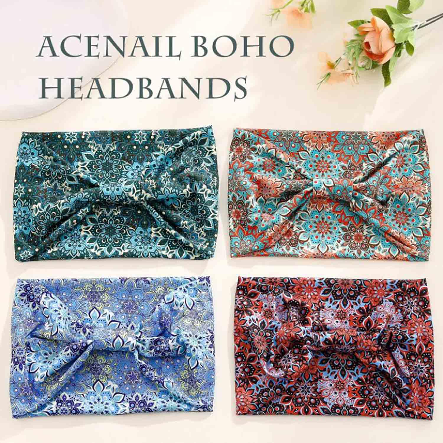Acenail Breite Stirnbänder für Damen, Boho-Turban, geknotetes Stirnband, Blumenmuster, elastisch, rutschfest, für Workout, Yoga, Kopftuch, Bohemian-Stil, modisches Haarzubehör für Damen, 4 Stück