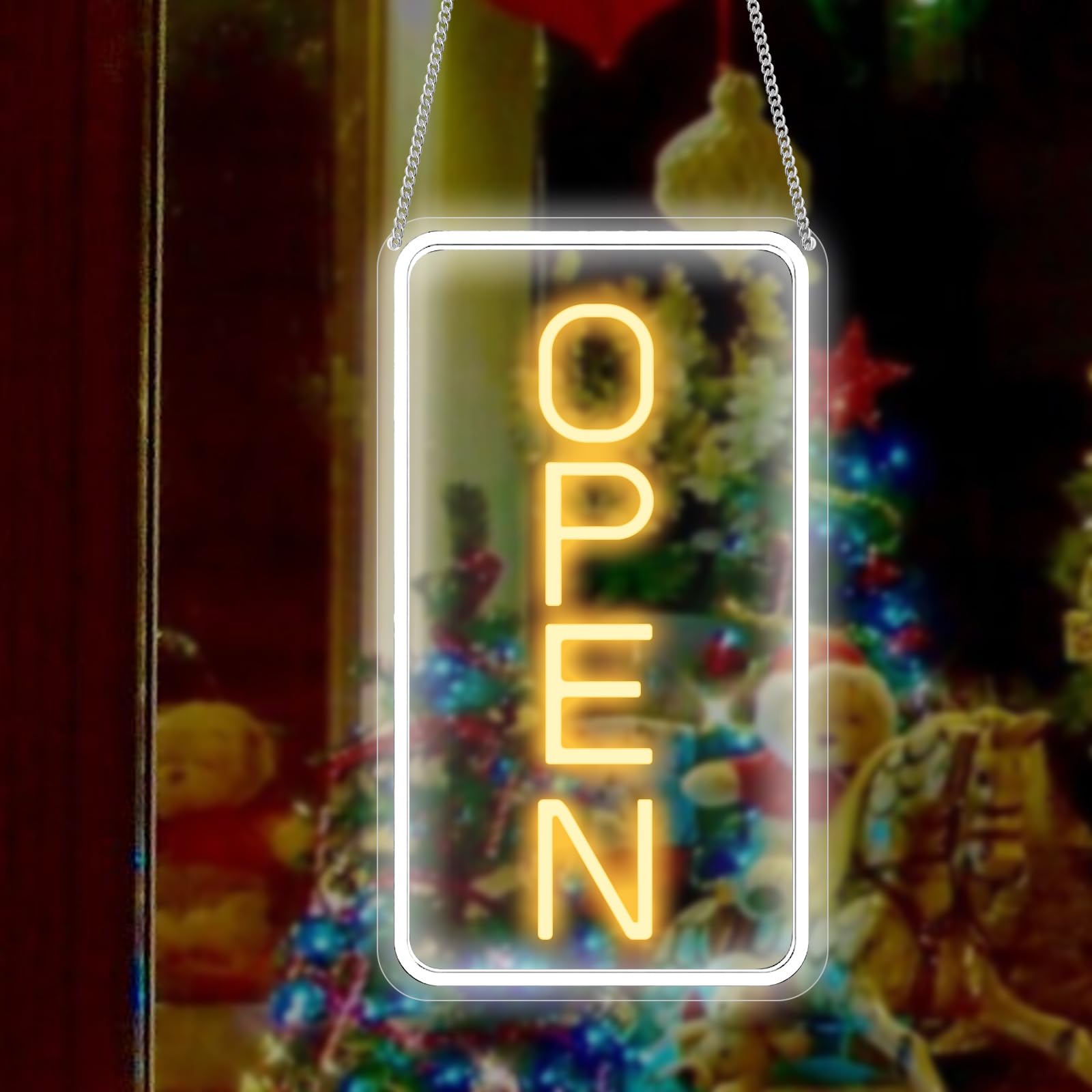 Targa LED Open Neon con adattatore da 12 V on/off, luminosità regolabile, per negozi, bar, salone, negozio e caffetteria, giallo/bianco, segnale al neon sign, 18 x 38 cm, verticale