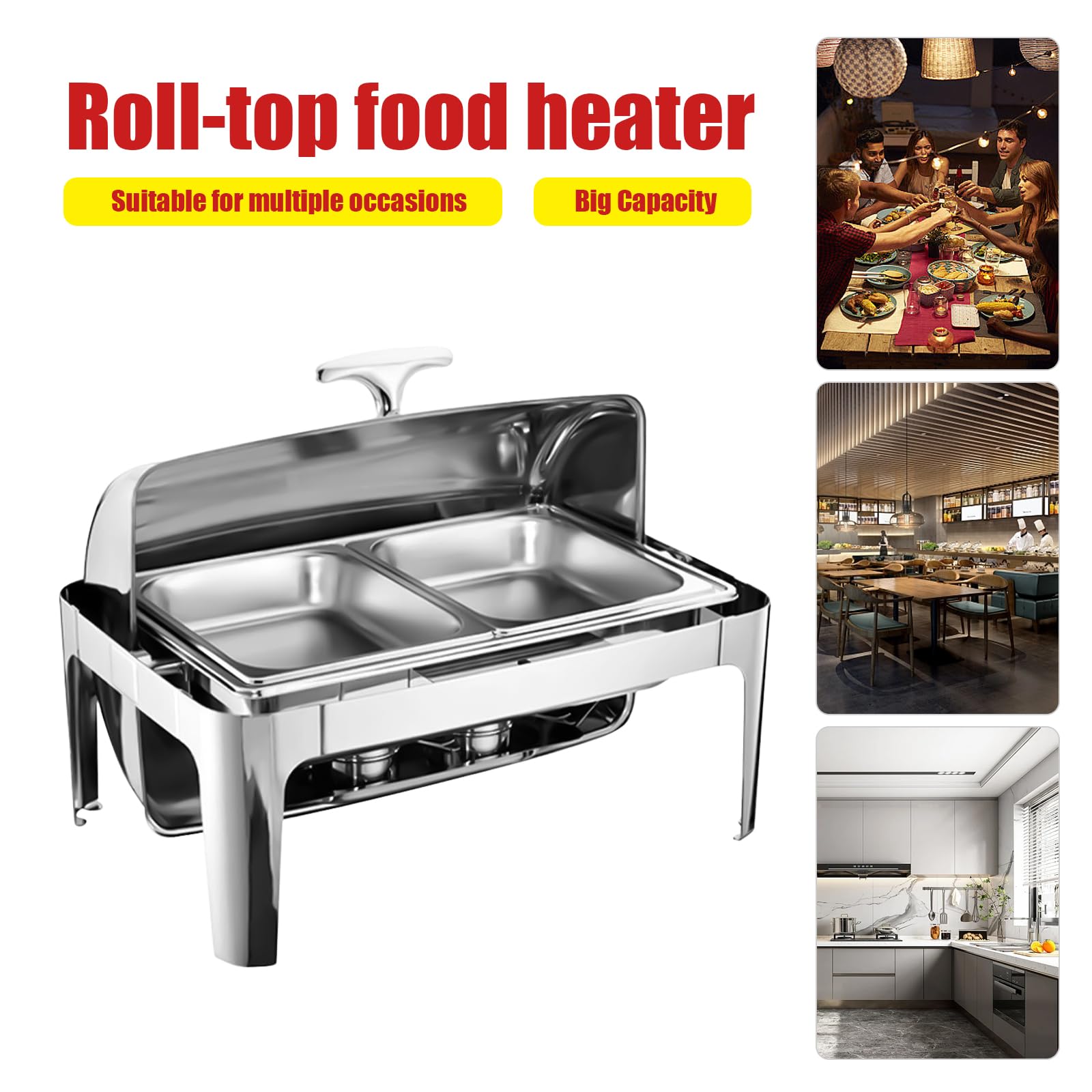 9 l in acciaio inox Chafing Dish | Grande capacità | Rolltop | Buffet & Party | Contenitore per acqua e pasta combustibile