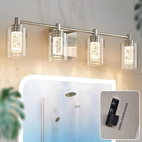 4 luces de tocador de baño, níquel cepillado, moderna iluminación de pared de baño con pantalla de vidrio transparente, lámpara de pared de cristal,