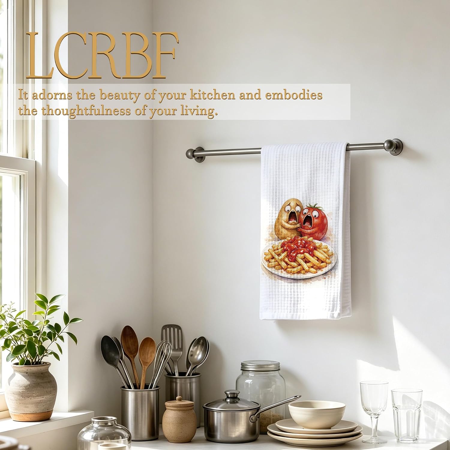 Funny Potato Tomato Kitchen Towels, Foodie Gifts for Women Men, Whimsical Fries and Ketchup Dish Tea Hand Towels for Kitchen Dining Room Decor, 16x24 Inch