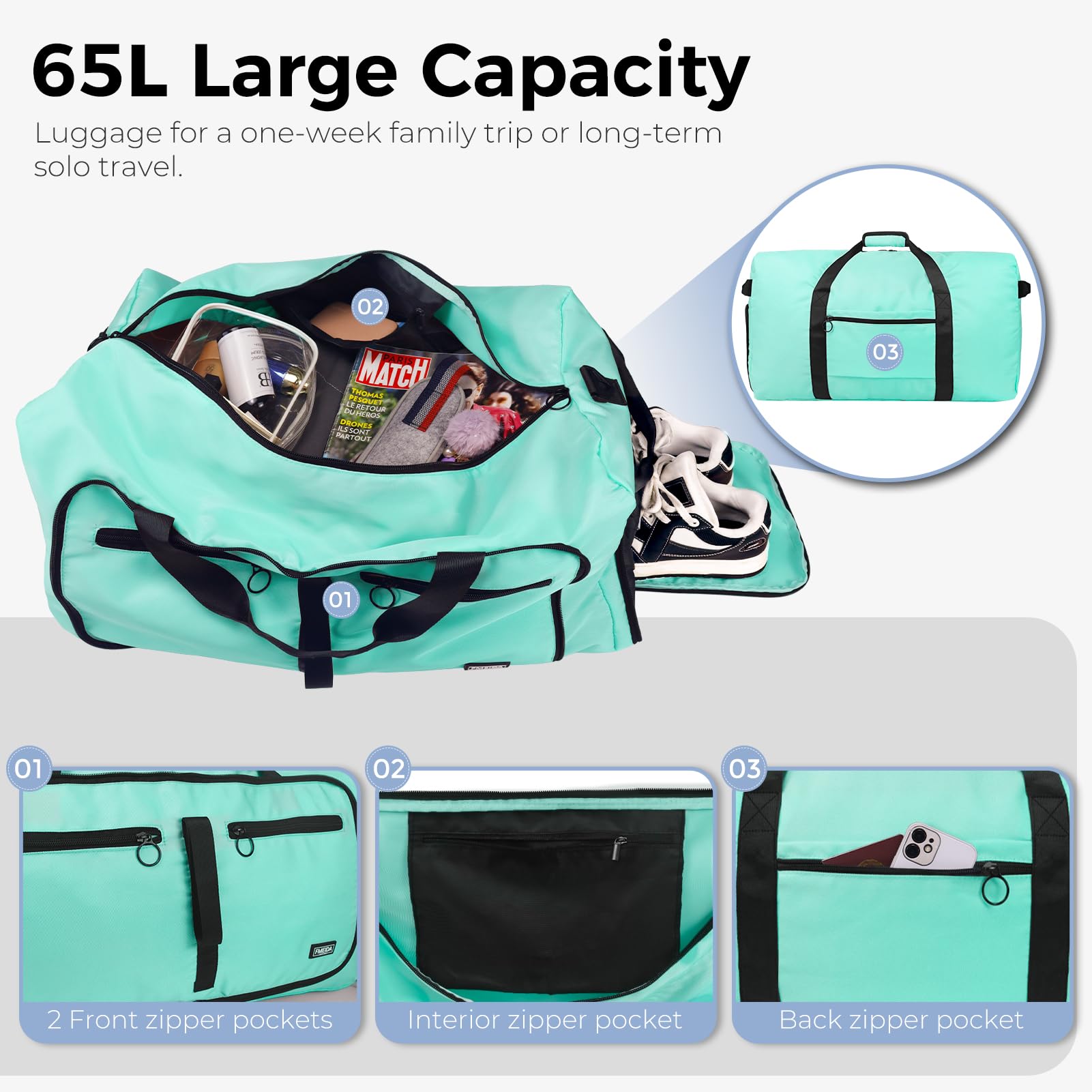 Fmeida 65L Borsone da Viaggio Unisex Adulto, Grande Borsone Palestra con Scomparto per Scarpe e Tracolla, Impermeabile Duffel Bag Borsa Sportivo