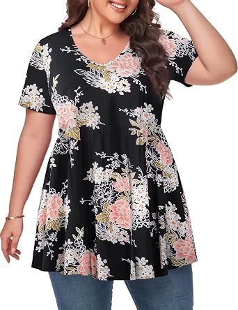 MONNURO Womens Plus Size Tops Cute Babydoll T Shirts Peplum Tunic Tops Loose Fit V-Neck Short Sleeve Blouse